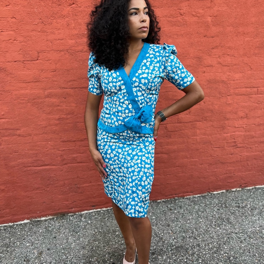 Chic Blue Dress with White Floral Design